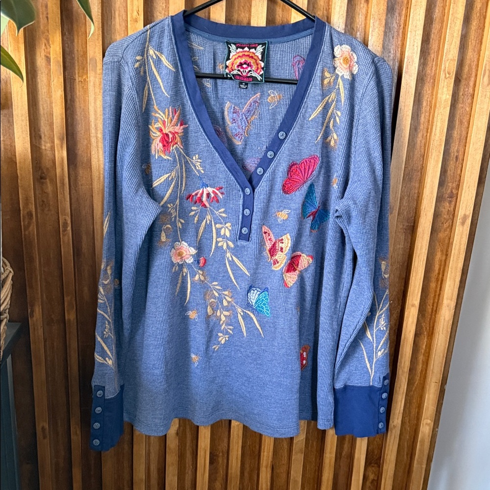 Johnny Was Blue Embroidered V-Neck Floral Butterfly Top - Picture 2 of 11